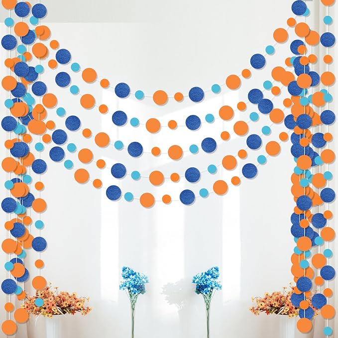 Outus 5 Pieces Round Dots Garland Valentine Easter Party Hanging Decor Each Length 13.1ft Glitter Paper Dot Streamers for Birthday Wedding Classroom (Orange, Blue)