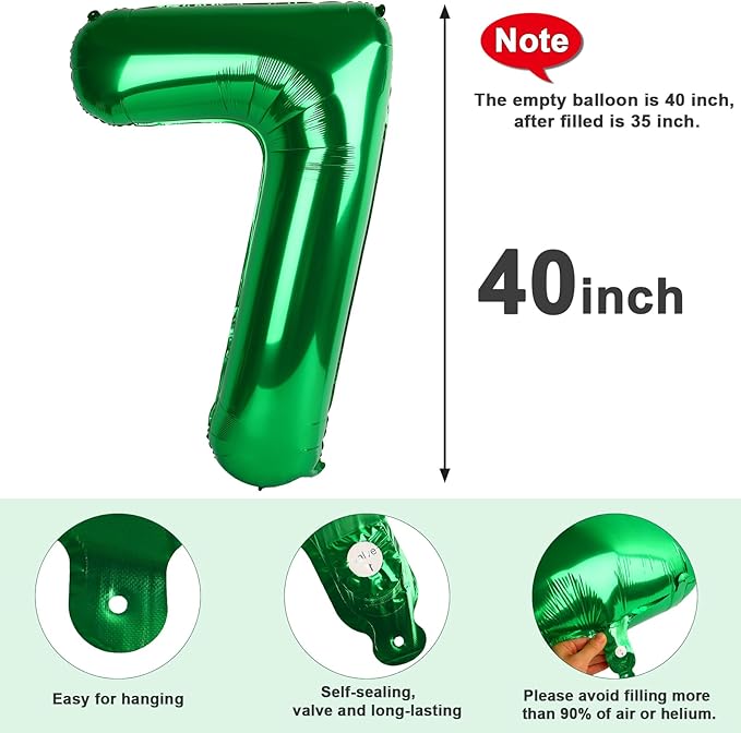 40 Inch Number 7 Balloon, Dark Green Seven Birthday Decor, 7 17 27 70 Year Old Balloon Number for Engagement, Wedding, Graduations