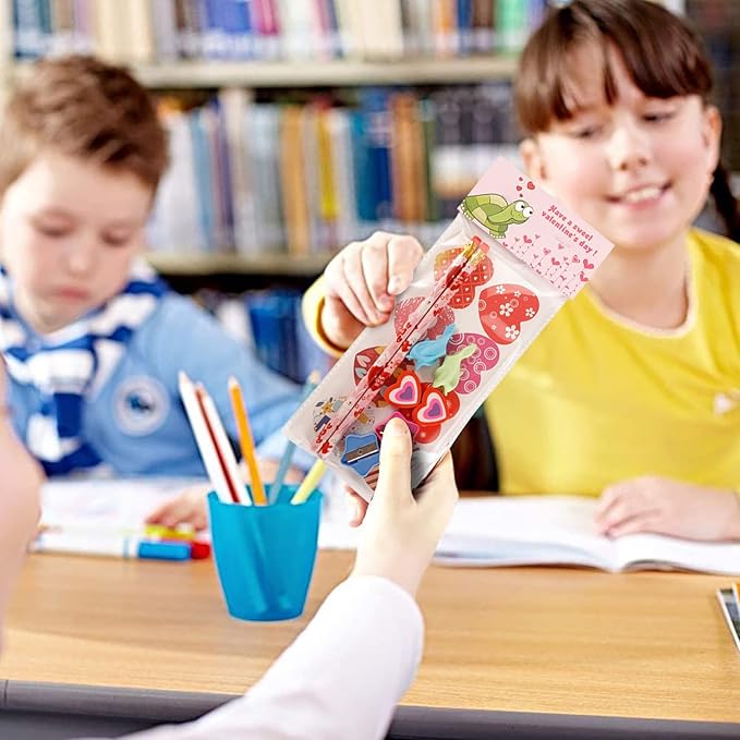 Valentine's Day Gifts for Kids Classroom - 28 Packs Super Value Stationery Kit, Cards, Pencils, Erasers, Pen Sharpeners, Holders, Exchange Party Favors Toys