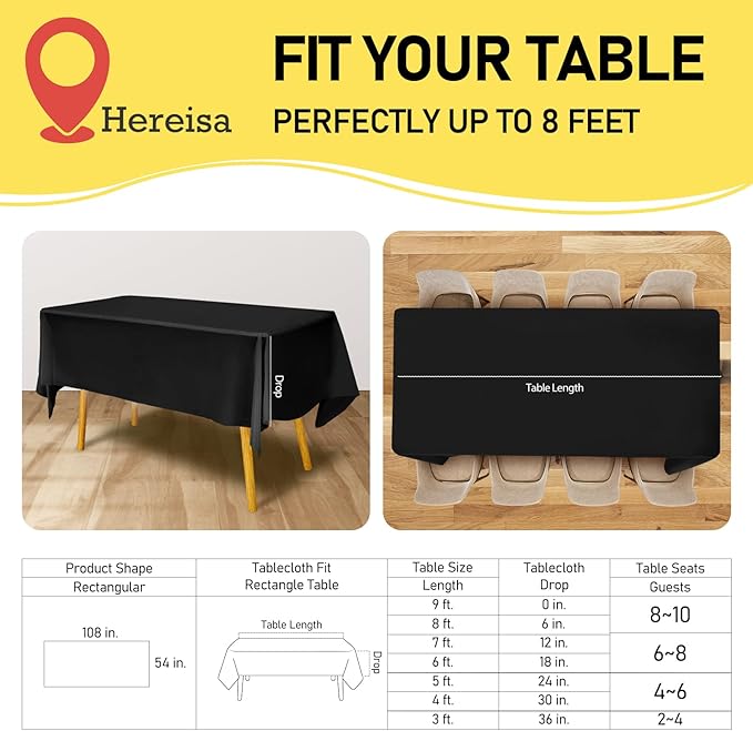 Black 6 Pack Plastic Table Cloth 54" x 108", Disposable Tablecloths Rectangle Table Cover, Plastic Table Cloths for Parties
