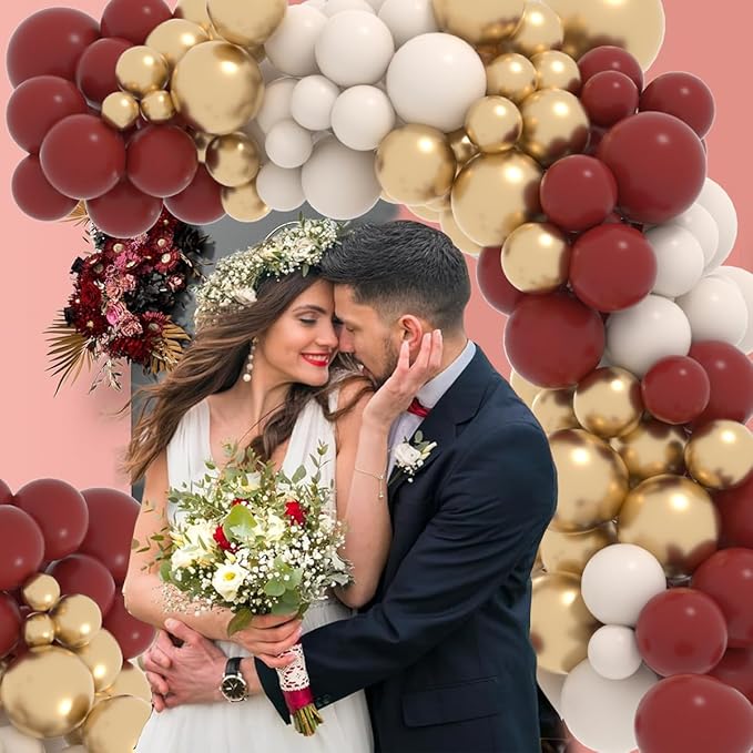 Burgundy Balloon Arch Garland Kit, 122PCS Wine Red Iovry White Metallic Gold Sand White Burgundy Balloons for Wedding Bridal Shower Birthday Wine Anniversary Engagement Graduation Party Decorations