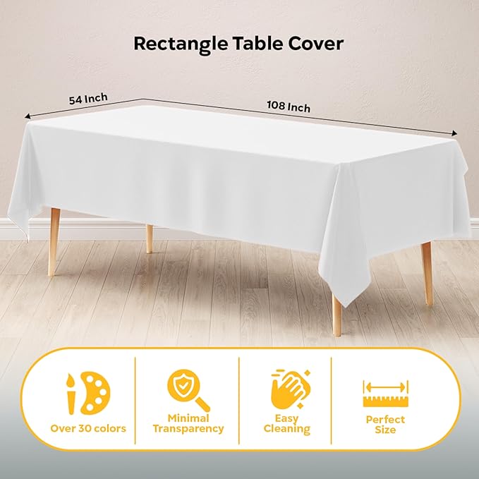 Exquisite 12-Pack Plastic Tablecloth 54x108 Rectangle Value Pack Plastic Table Cover - White