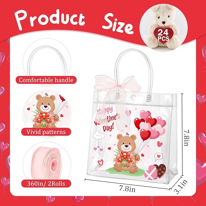 Henoyso 24 Pcs Valentines Clear Gift Bags Plastic Pink Candy Goodie Treat Bag Valentines Day Party PVC Totes with Handles Ribbon Galentines Day Party Favors, 7.8 x 7.8 x 3.1 Inches