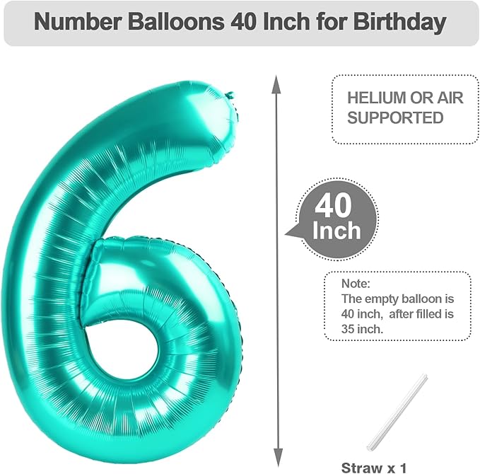 6 Balloon Numbers, 40 Inch Foil Big Balloon for Men And Women, Blue-Green Balloons for 6, 16, 26, 60, 2026 Graduation, Birthday, Wedding Anniversary, Xmas, Party Supplies