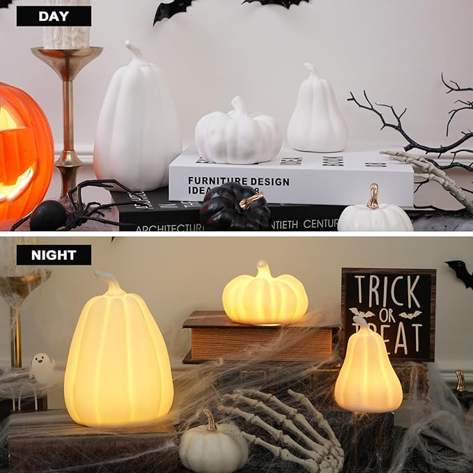 Light Up Pumpkin Halloween Decor - 3 Pack Ceramic Pumpkin Decor for Indoor, Table, Tray
