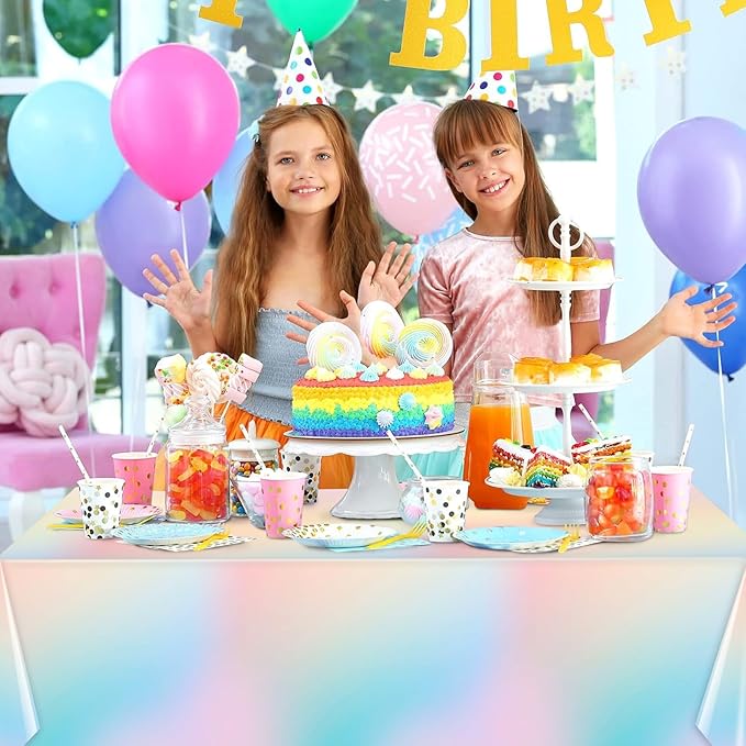 6 Pcs Pastel Tablecloths,Plastic Rainbow Tablecloth Disposable Rectangle Pastel Rainbow Table Covers for Baby Shower, Wedding, Birthday Party, Girls and Princess Party Decorations, 54 x 108 Inch
