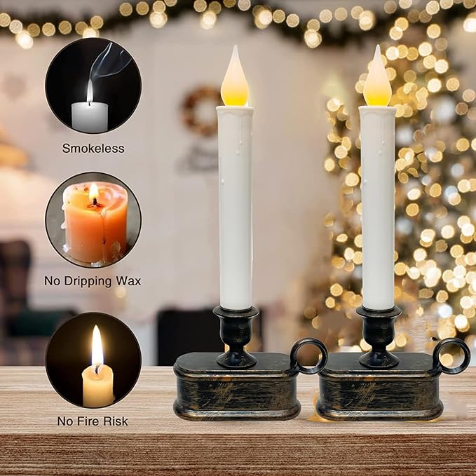 GOOTHY Set of 4 Battery Operated LED Window Candles, Dusk to Dawn Light Sensor, Flicker Flame Christmas Window Candles with Bronze Base, 10 Inch Flameless Taper Candle for Table Bedroom Christmas