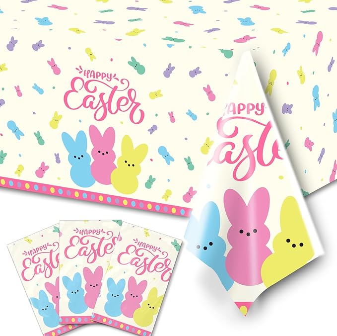 3Pcs Easter Tablecloth,Easter Party Supplies Spring Colorful Bunny Plastic Table Cover Table Decoration for Spring Holiday,Baby Shower Party Decorations