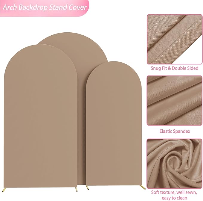 Wokceer Wedding Arch Backdrop Cover 7.2FT, 6.6FT, 6FT Set of 3 Spandex Fitted Nude Brown Arch Covers for Round Top Chiara Backdrop Stands Cover for Birthday Party Ceremony Decor