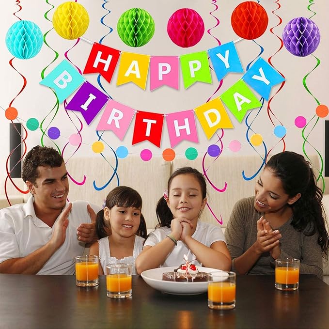 Happy Birthday Banner, Rainbow Birthday Banner, 6 Honeycomb Balls, 8 Metallic Hanging Swirls and Circle Parper Garland, Happy Birthday Decorations for Girls Women men Party Decorations