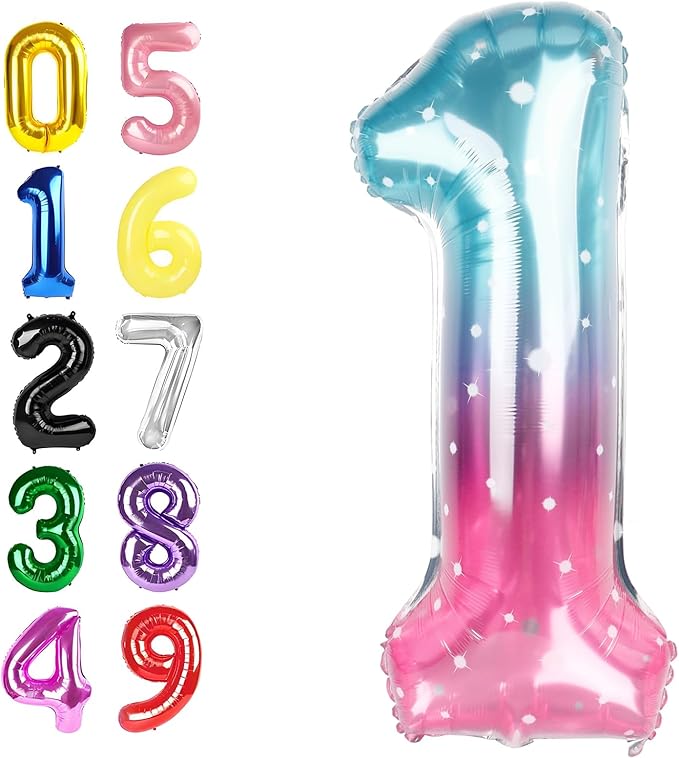 Number One Balloon 40 Inch, Pink Blue Purple Balloons for Birthday Party Decoration, Foil Number 1 Ballon for 1, 10, 11, 12, 13, 21, 100 Celebration, Birthday, Baby Shower, Anniversary Decor