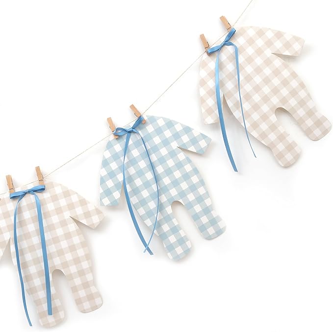 Blue and Cream Baby Onesie Garland – 8 PCS Big Size Baby Shower Banner, Baby Clothesline Garland, Blue Plaid Baby Bodysuit Cutouts for Gender Neutral Baby Shower or Nursery Decor