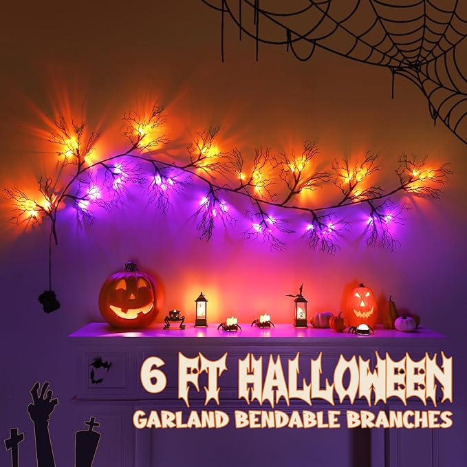 Joyhalo Halloween Garland with Lights Decorations with Pumpkin & Bat Lights,Battery Operated 6FT 46 LED Halloween Willow Vine Twig Garland for Mantle,Wall,Fireplace and Halloween Decorations