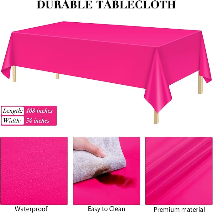 ADXCO 169 Pieces Hot Pink Party Supplies Include Paper Plates Cups Napkins Forks Knives Spoons Waterproof Tablecloth Complete Tableware for Party Decorations