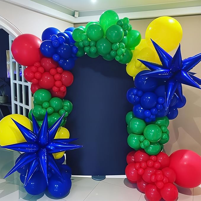 Red Blue Yellow Green Balloons Garland Arch Kit Primary Colors Balloon Arch with Explosion Star Foil Balloons Metallic Blue Green Balloon for Carnival Party Decorations
