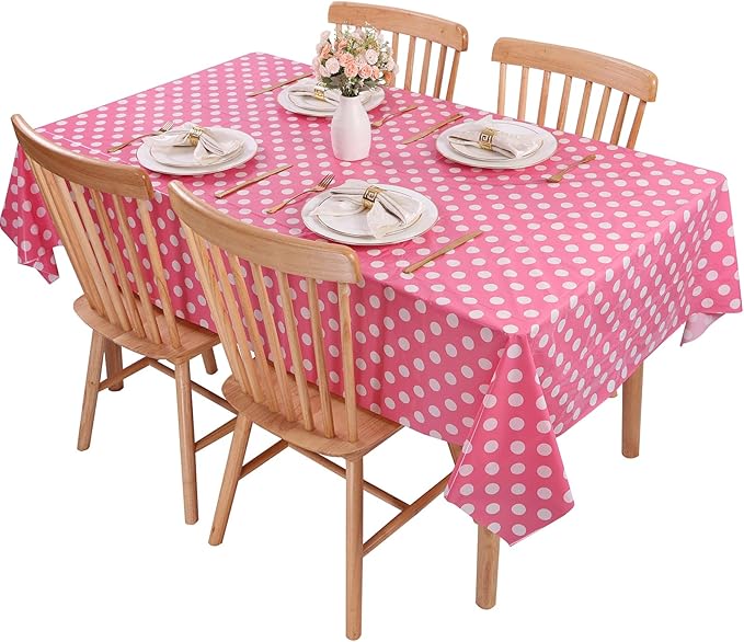 Kesfey 5 Packs Pink Polka Dot Tablecloth 54 x 108 Inch Minnie Mouse Table Cloths Pink and White Balloon Dots Minnie Theme Table Cover Disposable Plastic Rectangle Picnic Tablecovers for Birthday Party