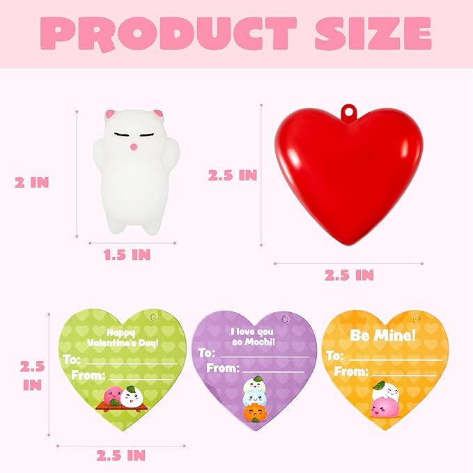 JOYIN 28 Packs Valentine Day Gift Cards with Mochi Squishy Toys and Filled Hearts for Kids Valentine Classroom Exchange, Kawaii Stress Relief Toys School Gifts Exchange, Games Prizes