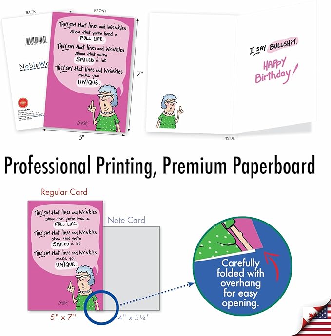 NobleWorks - 1 Funny Women's Birthday Card with Envelope - Cartoon Humor, Stationery Bday Celebration Card for Wife, Women - Lines and Wrinkles C9319BDG
