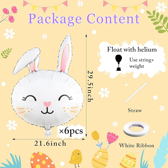 6PCS Large Easter Bunny Head Foil Balloons Cute Rabbit Face Mylar Balloons for Easter Party, Baby Shower, Birthday & Spring Celebration Decorations