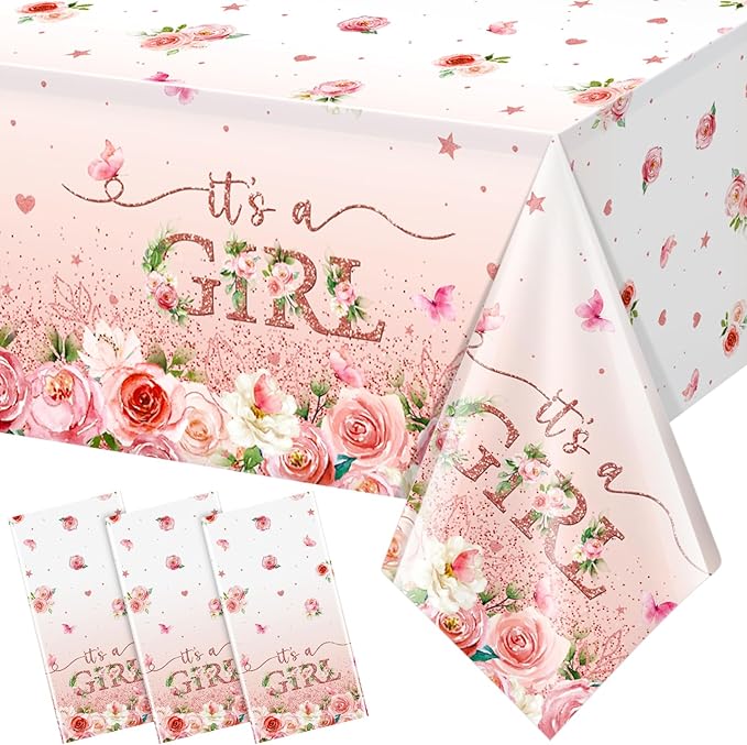 3 Pack Floral Baby Shower Tablecloth Decorations, It's a Girl Baby Shower Decorations, Pink Flower Gender Reveal Decorations for Girl, Plastic Disposable Baby Girls Table Cloth Party Decorations