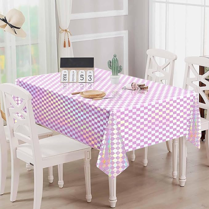 2 Pack Pink and Iridescent Checkered Tablecloth Shiny Disposable Holographic Foil Table Cloth Plastic Laser Rectangle Table Cover for Picnic Birthday Party Race Car Tablecloth