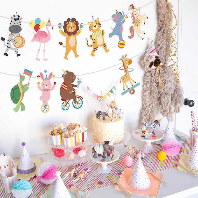 Hooqict Party Animal Banner Animal Birthday Party Decorations Happy Birthday Garland Banner Sign for Kids Girls Boys Zoo Carnival Circus Decorations