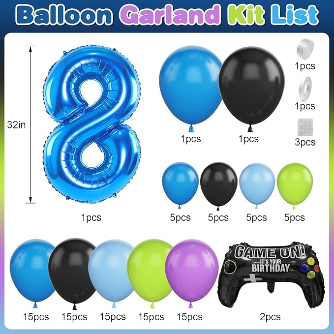 8th Birthday Video Game Balloons Arch Kit, 108pcs Blue, Black, Light Olive Green, Purple Balloons, Video Game Themed Foil Balloons, Boys Birthday Decor