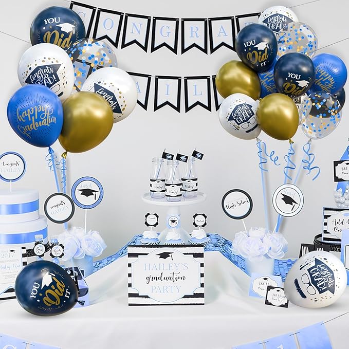 OuMuaMua 74 Pack Graduation Party Decorations Balloons Set - 12 Inch Navy Blue Metallic Gold Graduation Balloons Blue Gold White Confetti Balloons for Class of 2026 Grad Birthday Party Decor Supplies