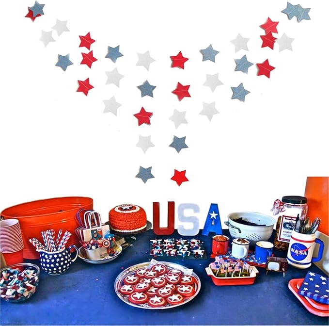 6 Pack Patriotic Star Streamers Garland Red White Blue Bunting Banner Paper Hanging Decorations for 4th of July American Independence Day Labor Day Holiday Memorial Day Party Supplies (50 Feet)