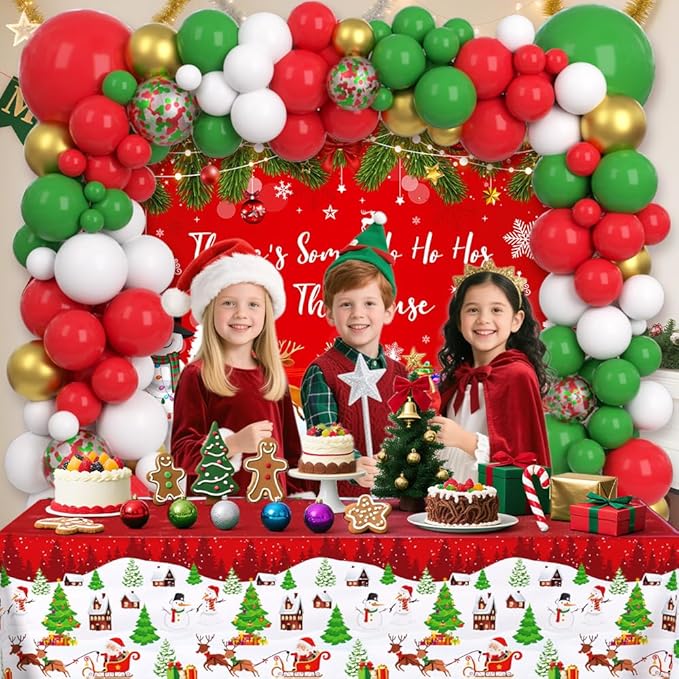 129Pcs There's Some Ho Ho Hos In This House Party Decorations Merry Christmas Balloon Arch Kit Includes Funny Xmas Banner, Xmas Themed Balloons and Tablecloths for Merry Friendsmas Party