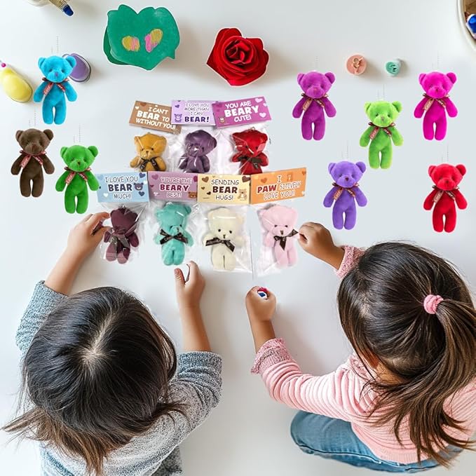 24 Pcs Valentines Gift Cards for Kids with Plush Bears Plush Toys Stuffed Animal Plush Toys for Kids Girls Boys Valentines Gifts Party Favors Classroom School Exchange Prize