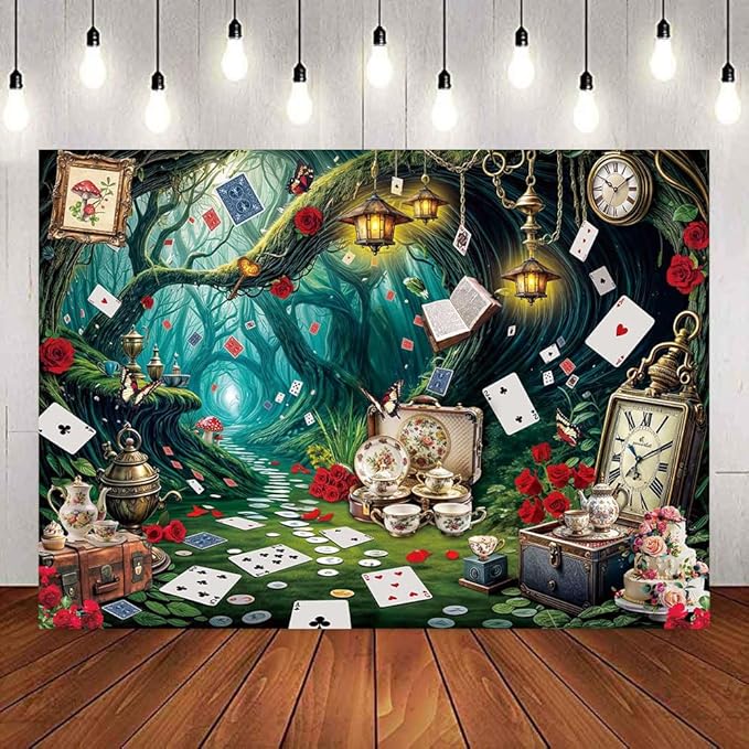Wonderland Tea Party Backdrop Green Leaves Checkerboard Photography Background Wonderland Girls Kids Birthday Party Party Decoration Banner Supplies (120x96inch (10x8FT))