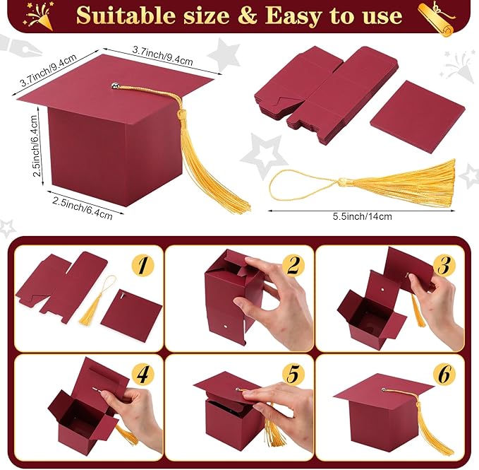 TaoBary 12 Pieces Graduation Candy Box Graduation Decorations Party Gift Boxes Graduate Cap Box Candy Chocolate Cookie Supplies for Ceremony Party(Maroon)