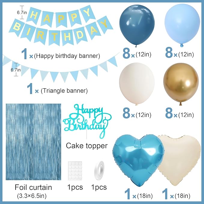Blue Birthday Decorations,Blue Party Decorations with Dusty Blue White Sand Gold Balloons Happy Birthday Banner Fringe Curtain Light Blue Birthday Party Decor for Boy Kids Baby Men