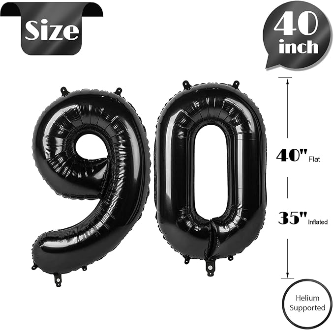 Black Number 90 Balloon 40 inch, 90 Number Balloons, 90th Black Birthday Decorations, 90 Year Old Women Men Party Supplies