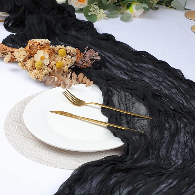 Snowkingdom 6PCS 10 Ft Black Cheesecloth Table Runner, 120 inch Long Cheese Cloth Boho Gauze Runners for Wedding Bridal Baby Shower Birthday Holiday Party Halloween Table Decorations