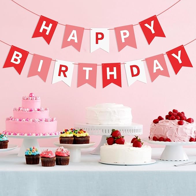 Red Happy Birthday Banner Sign Happy Birthday Bunting Banner Garland for Kids Girl Woman Birthday Tea Party Decorations Bunting Flag Birthday Party Supplies