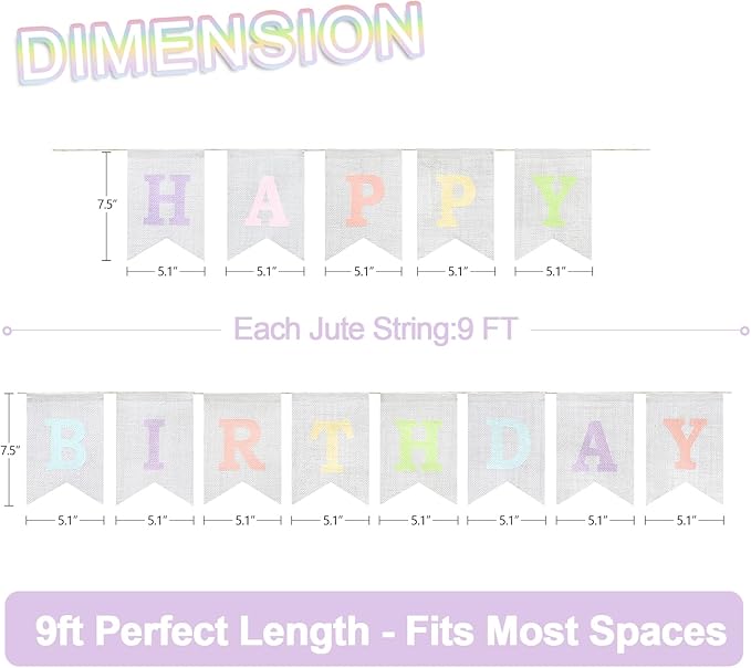Happy Birthday Banner - Pre‑Strung Burlap Birthday Decorations and Reusable Birthday Sign for Men, Women & Kids | Party Supplies Backdrop (Macaron)