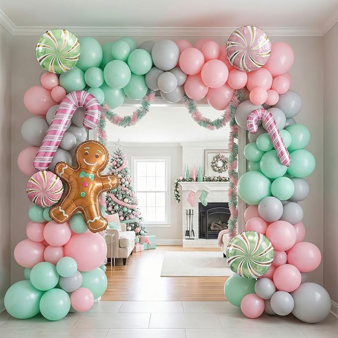 Christmas Balloon Garland Arch kit green pink balloon with Gingerbread Balloon Cane Candy Foil Balloons for friendsmas Party Decorations Xmas New Year cookie Birthday Party Supplies globos de navidad