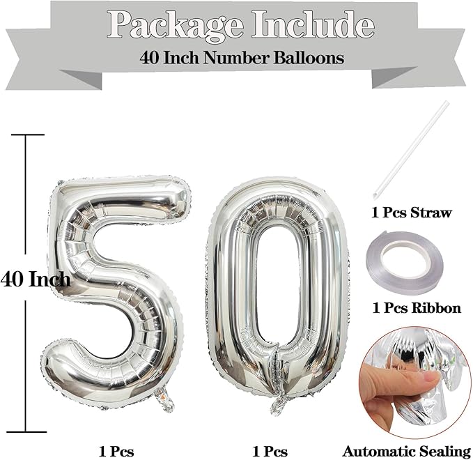 Giant Silver Number 50 Balloons, 40 Inch Jumbo Number 50, Large Foil Mylar Balloons for Girls Women 50th Birthday Party Decorations, 50 Anniversary Events Decorations