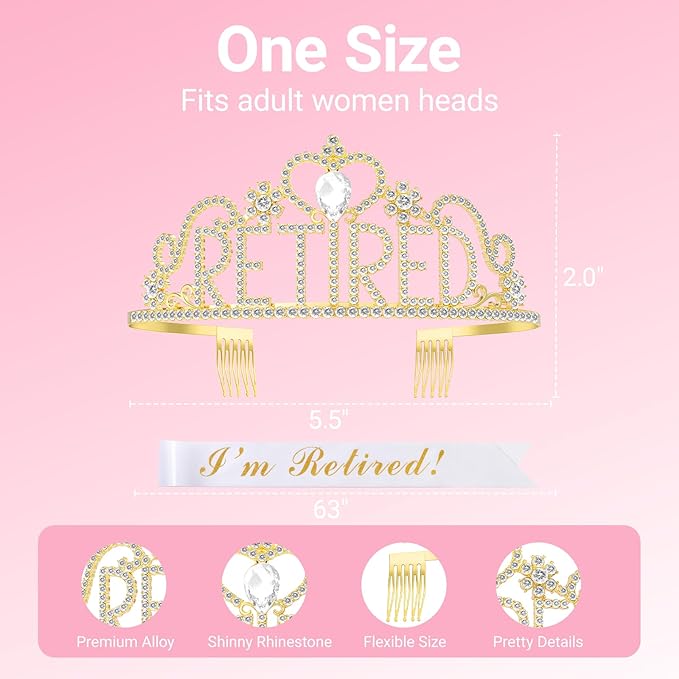 Retirement Party Decorations with Tiara and Sash for Women, Happy Retired Crown and Sash for Gift