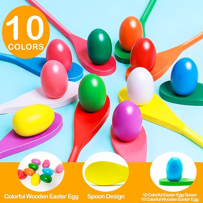 TOPLEE 20 Pcs Easter Egg and Spoon Race Game Set, 10 Players Balance Relay Easter Games Include 10 Eggs and Wooden Spoons for Kids Family Carnival Outdoor Games Holiday Birthday Party Supplies