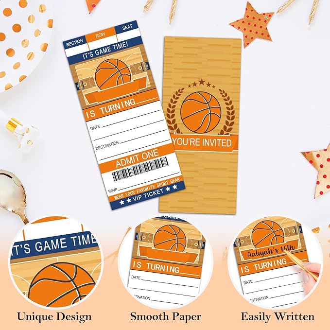 Basketball Birthday Invitation Ticket, Sports Party Celebration Invite for Boys Girls, 20 Basketball Ticket With Envelopes, 3.5 x 8" Double-Sided Fill In Birthday Party Personalized Invites Cards
