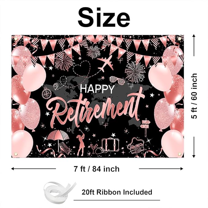 Mocsicka Happy Retirement Backdrop Pink Rose Gold Balloons Women Happy Retirement Banner Party Decorations Photo Booth Props (Pink, 7x5ft)