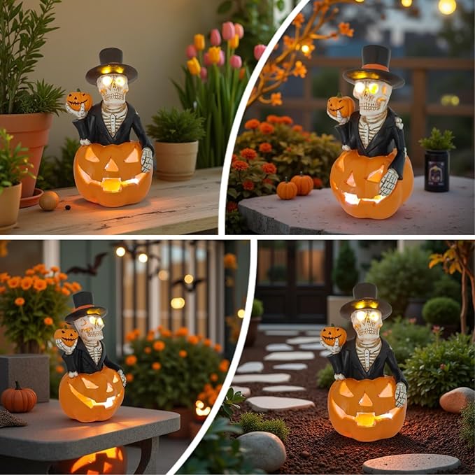 Solar Outdoor Decorations Wizard Skeleton with Pumpkin Figurine Lights, Fall Pumpkin Garden Decor for Yard Patio Porch, LED Skull Gothic Party Accessories, Home Gift for Mardi Gras Shrove Tuesday