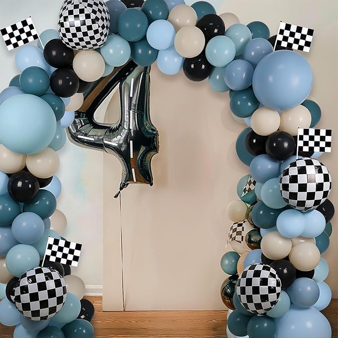 Generic Race Balloon Garland Arch Kit, Dusty Blue Black Balloons with Checkered Balloons for Race Theme Birthday Party Decorations Baby Shower Party Supplies