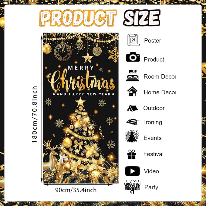 Large Size Merry Christmas & Happy New Year Party Banner, Black Gold, 71x35 Inches