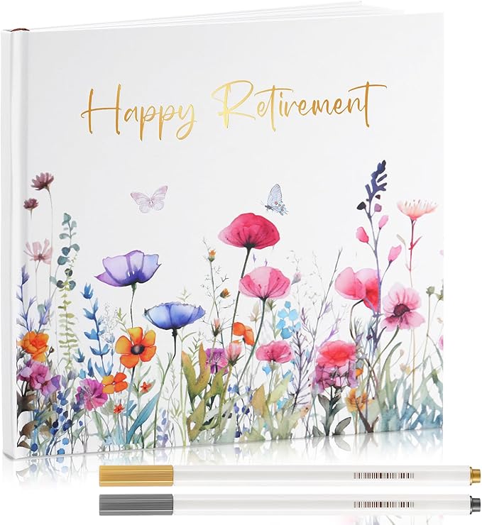 2026 Retirement Guest Book with 2 Markers 8.7'' Square Hardcover Blank Guest Photo Signing Memory Book Happy Retirement Gift Party Supplies for Women Men Teacher Grad Decor (White,Floral)