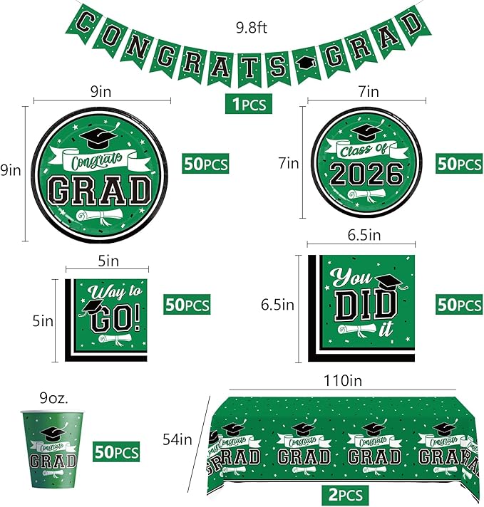 DAZONGE 2026 Graduation Decorations Green, 265pcs Graduation Party Decorations for 50 Guests, Disposable Class of 2026 Decorations Tableware Set, Plates, Napkins, Cups, Tablecloth, Hanging Swirls