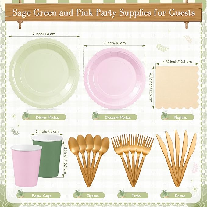 Zhehao 175 Pcs Pink and Sage Green Style Party Supplies Set Pink and Green Disposable Tableware Kit with Plates, Cups, Napkins, Cutlery in Natural Earth Tones for Baby Shower, Birthday